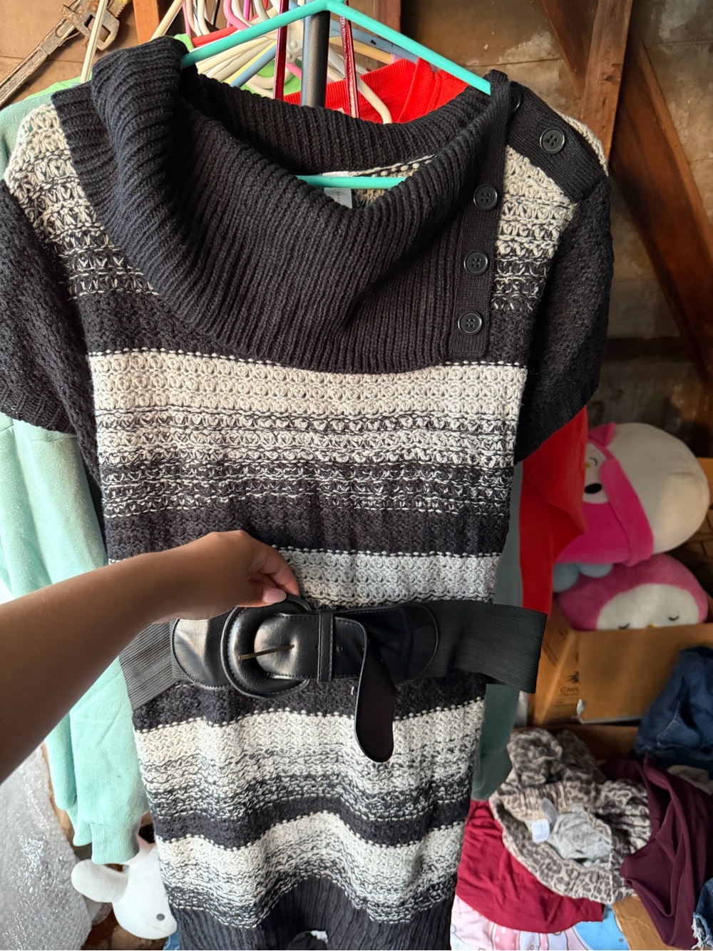 Cowl Neck Striped Knit Sweater - Black & Cream